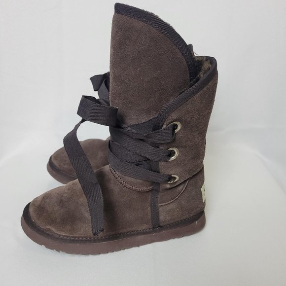 UGG Shoes - UGG Australia Brown Ribbon Lace Up Sheepskin Wool Boots Womens Size W7